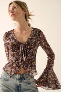 Sweet Violets Floral-Print Mesh Bell-Sleeve Top - ShopPromesa