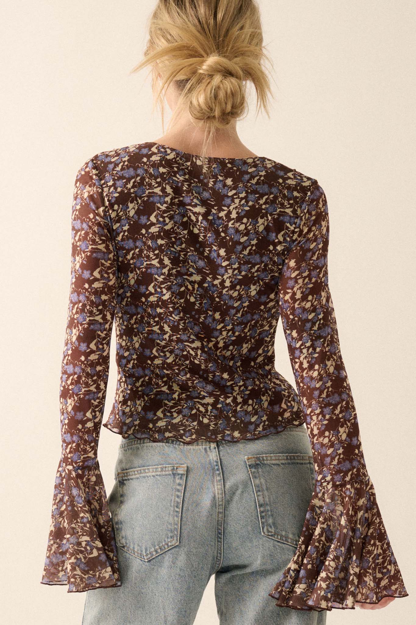 Sweet Violets Floral-Print Mesh Bell-Sleeve Top - ShopPromesa