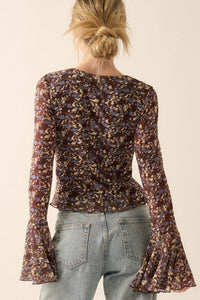 Sweet Violets Floral-Print Mesh Bell-Sleeve Top - ShopPromesa