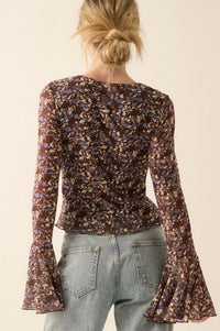 Sweet Violets Floral-Print Mesh Bell-Sleeve Top - ShopPromesa