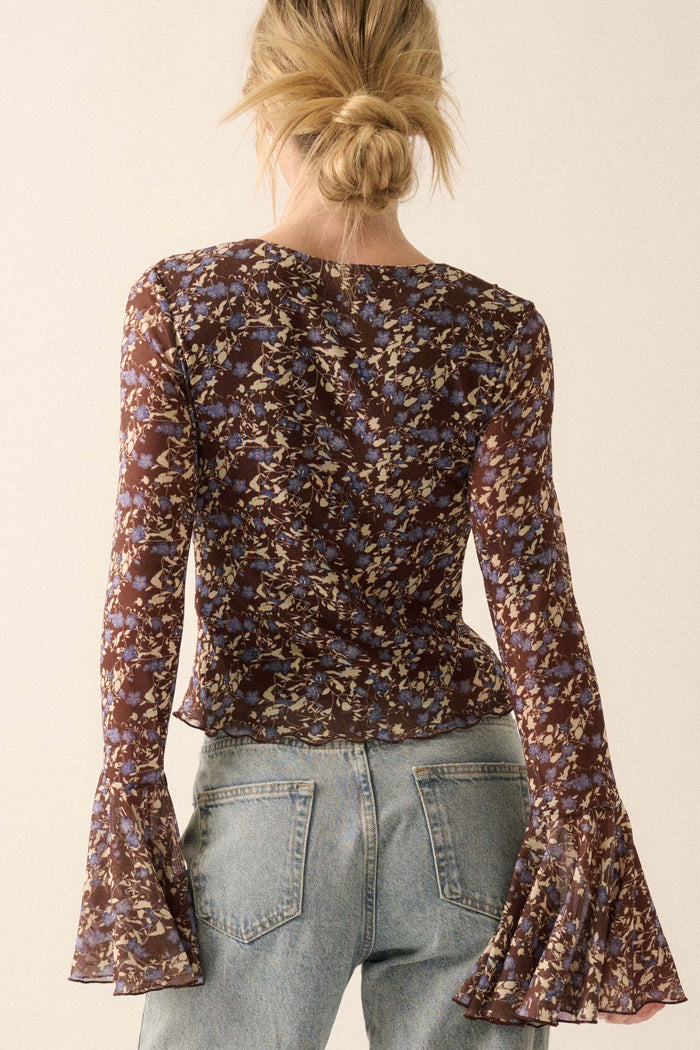 Sweet Violets Floral-Print Mesh Bell-Sleeve Top - ShopPromesa