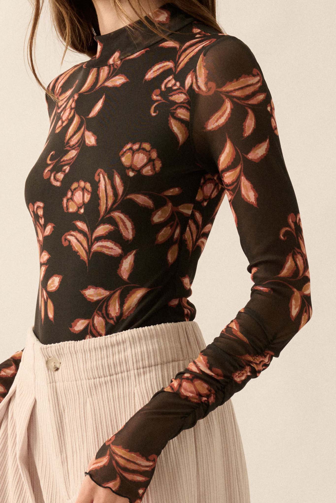 Festive Fall Floral Mesh Thumbhole Bodysuit - ShopPromesa