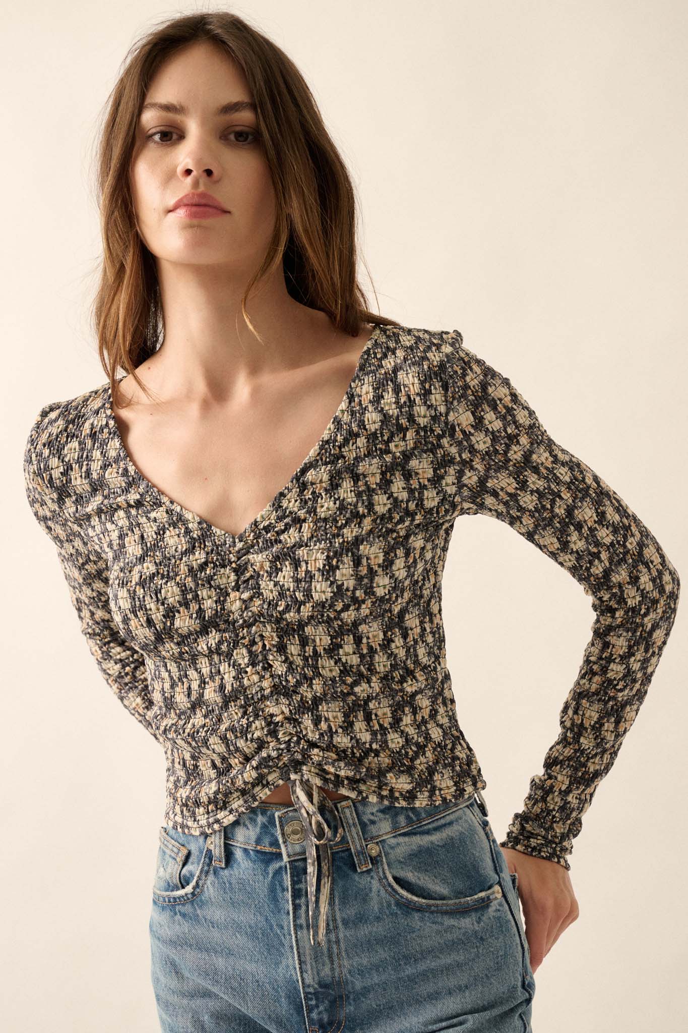 Bloom Boom Smocked Floral Mesh Drawstring Top - ShopPromesa