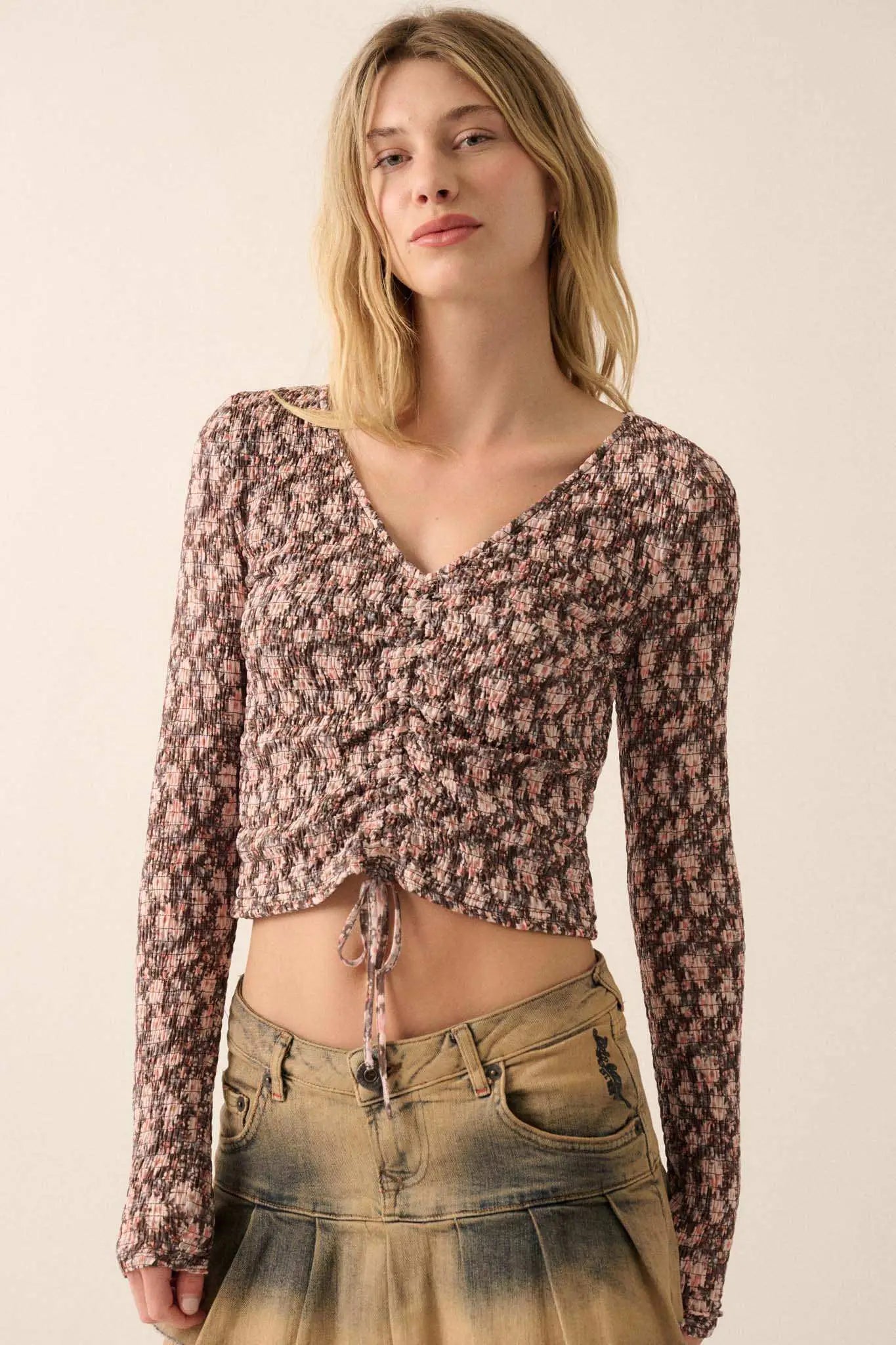 Bloom Boom Smocked Floral Mesh Drawstring Top - ShopPromesa
