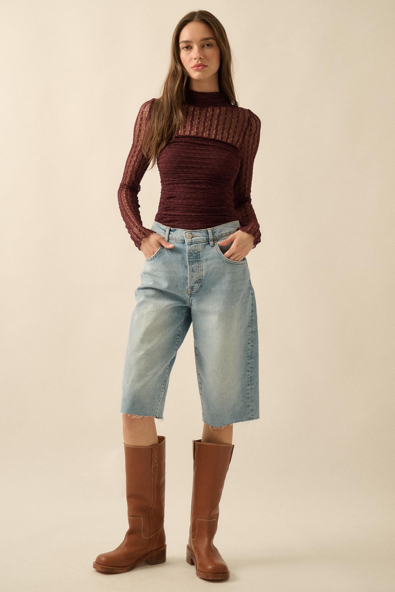 Belle Amour Ruched Striped Lace Mock-Neck Bodysuit