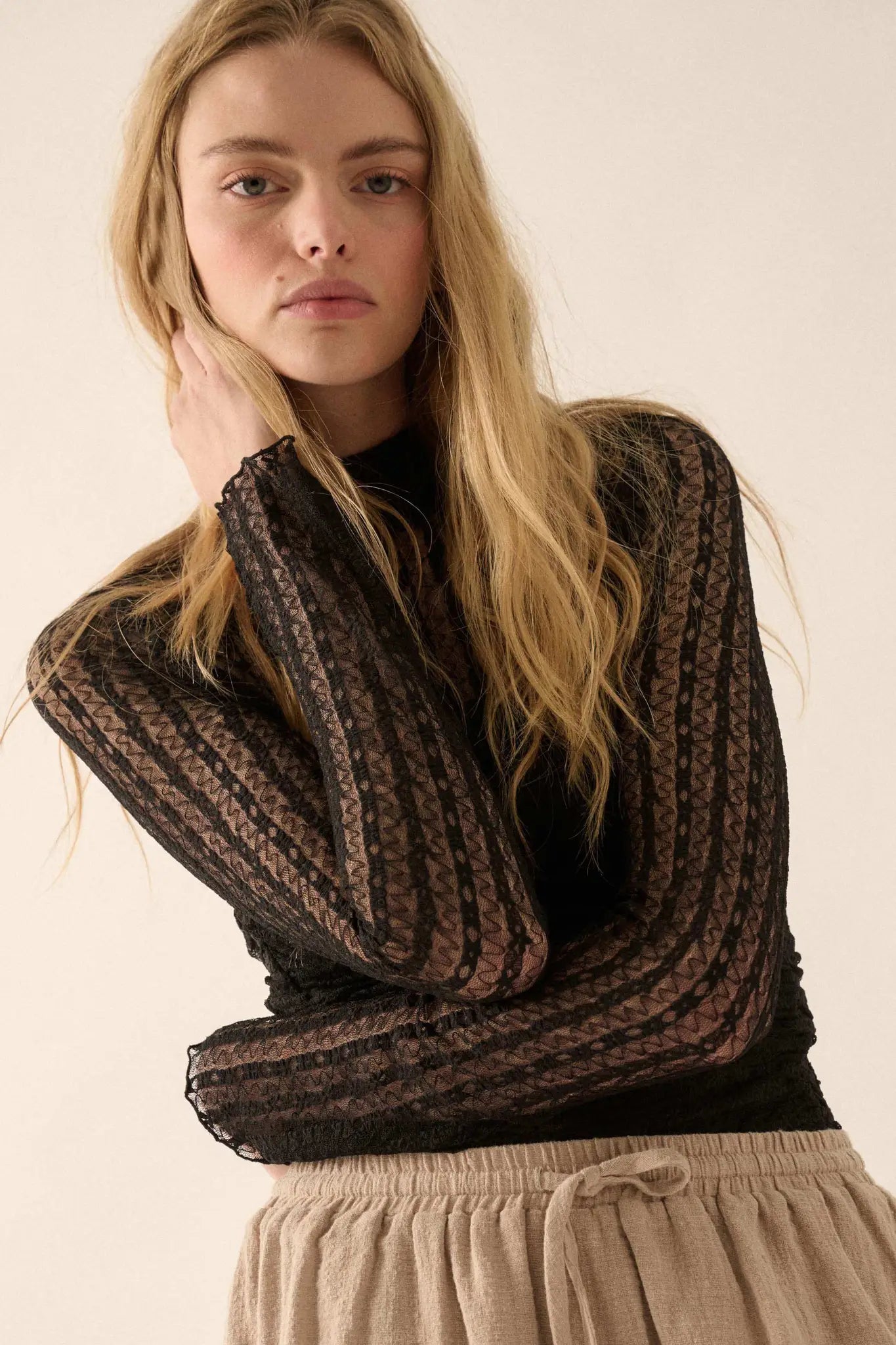 Belle Amour Ruched Striped Lace Mock-Neck Bodysuit - ShopPromesa