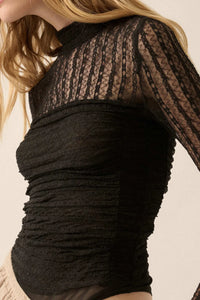 Belle Amour Ruched Striped Lace Mock-Neck Bodysuit - ShopPromesa