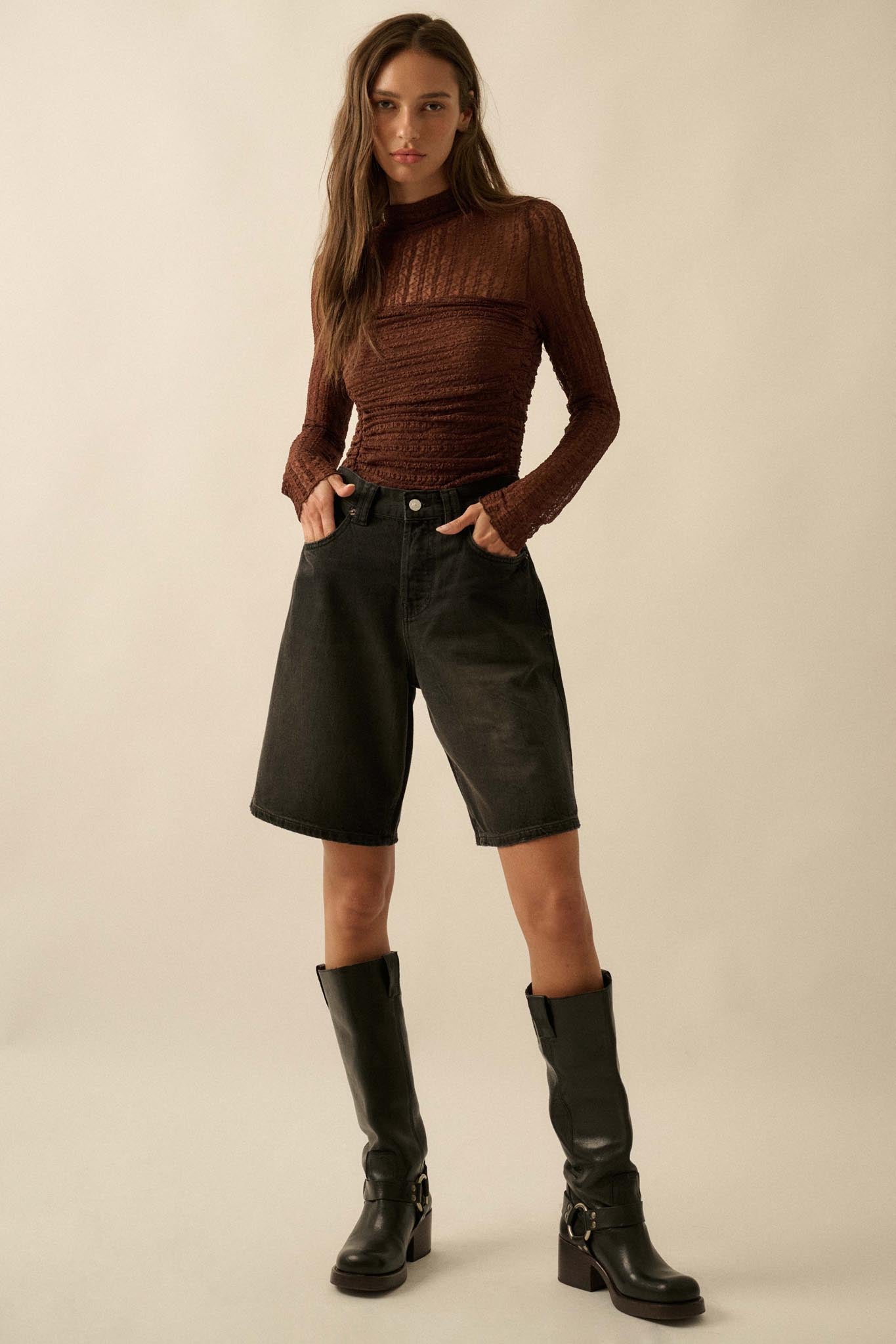 Belle Amour Ruched Striped Lace Mock-Neck Bodysuit