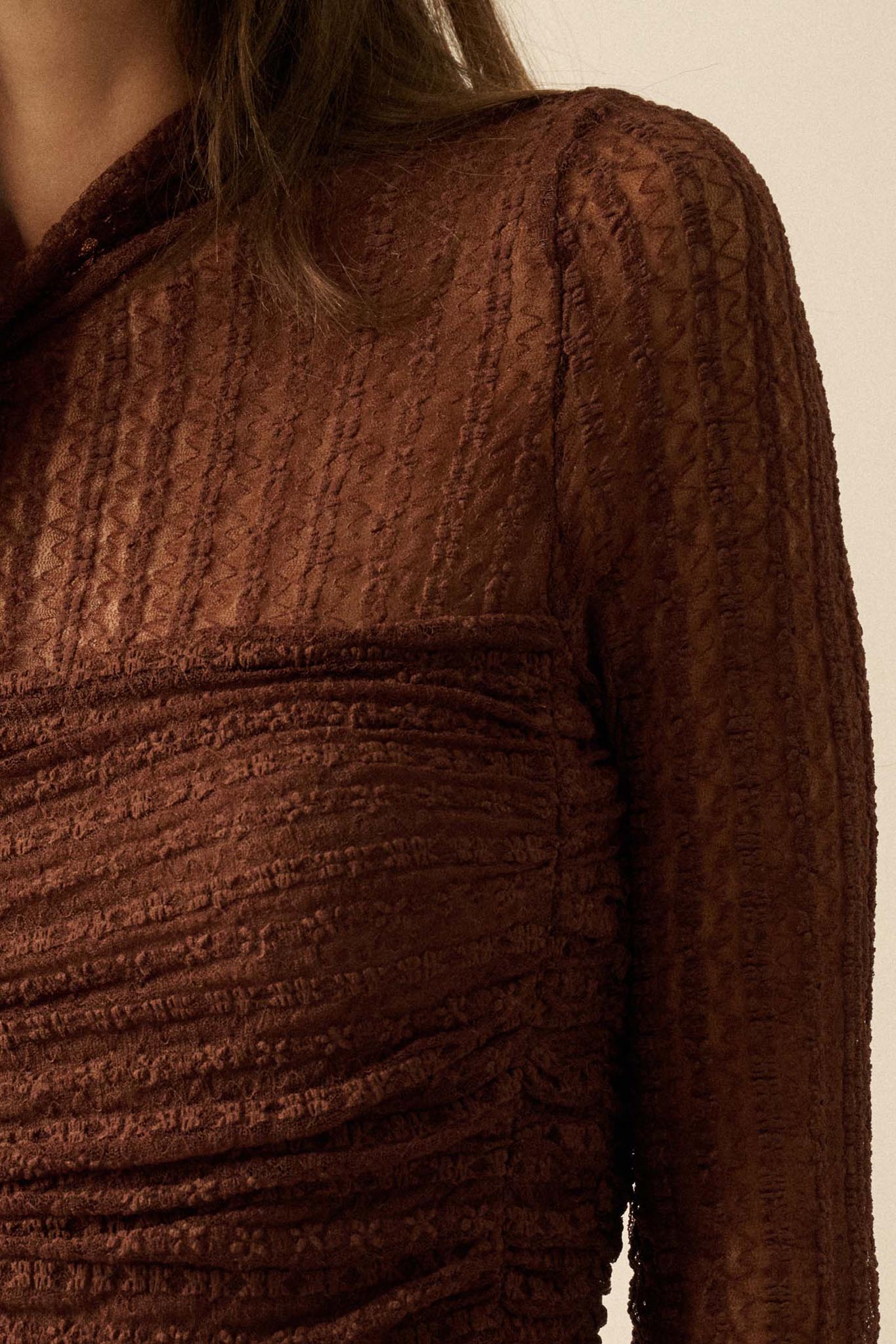 Belle Amour Ruched Striped Lace Mock-Neck Bodysuit