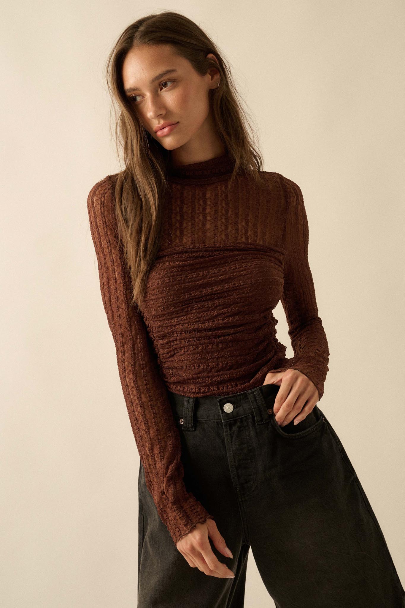 Belle Amour Ruched Striped Lace Mock-Neck Bodysuit