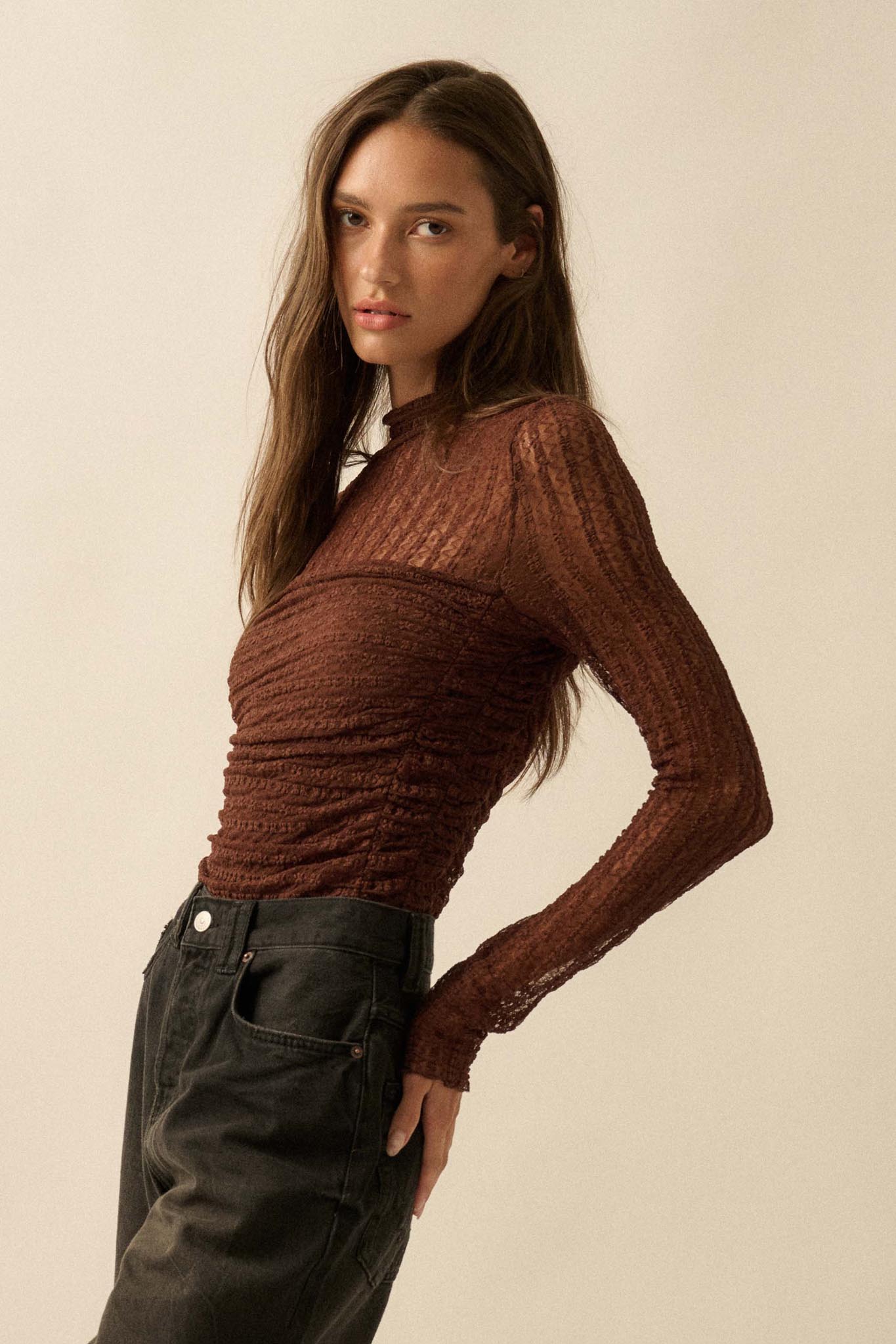 Belle Amour Ruched Striped Lace Mock-Neck Bodysuit