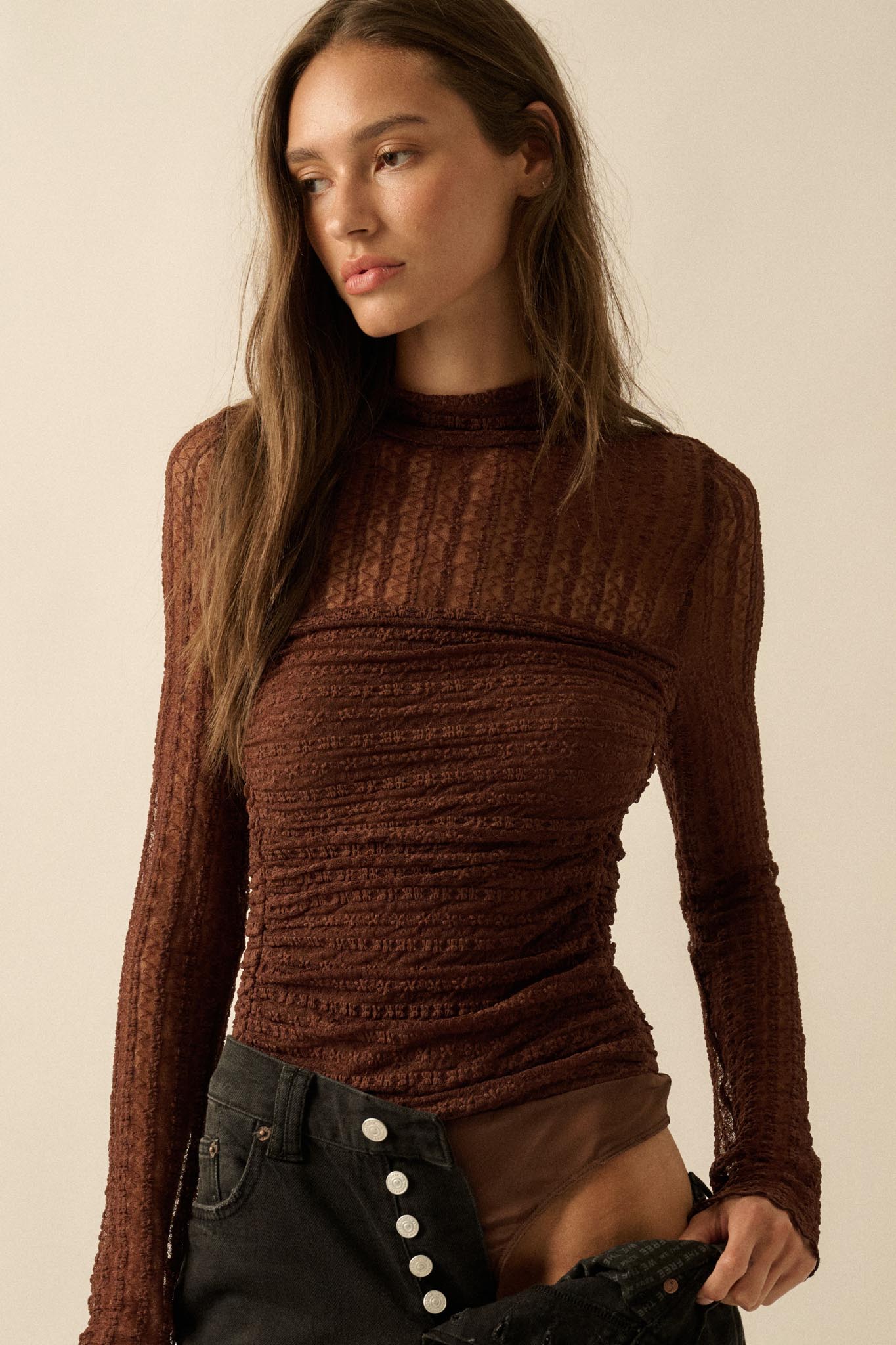 Belle Amour Ruched Striped Lace Mock-Neck Bodysuit