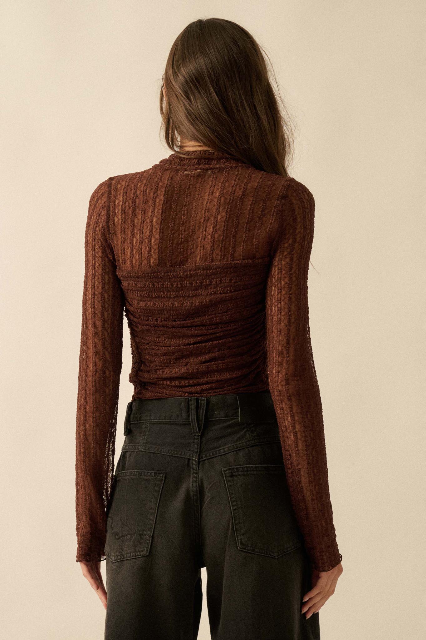 Belle Amour Ruched Striped Lace Mock-Neck Bodysuit