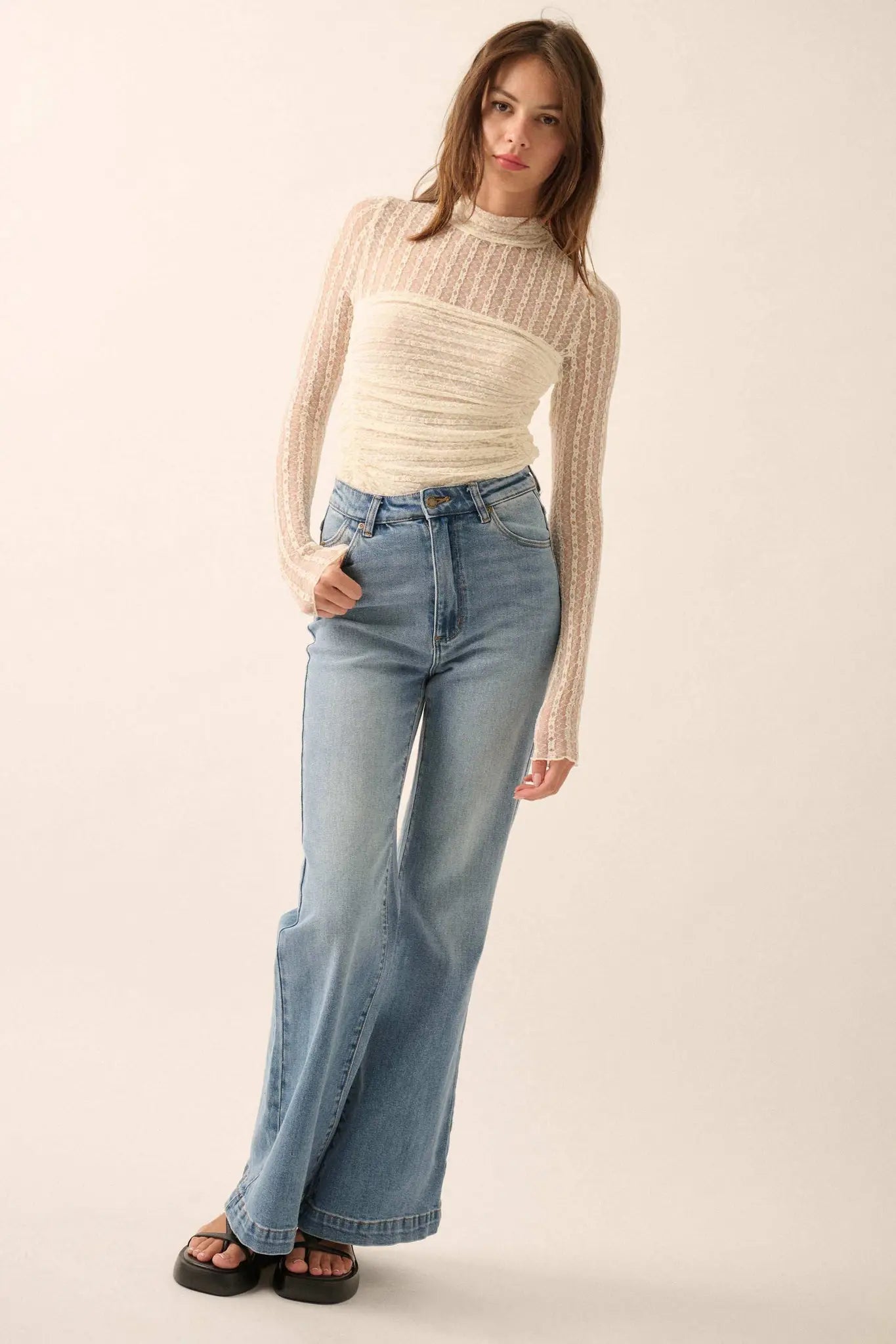 Belle Amour Ruched Striped Lace Mock-Neck Bodysuit - ShopPromesa