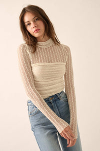 Belle Amour Ruched Striped Lace Mock-Neck Bodysuit - ShopPromesa