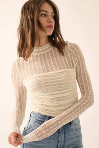 Belle Amour Ruched Striped Lace Mock-Neck Bodysuit - ShopPromesa