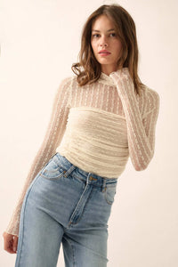 Belle Amour Ruched Striped Lace Mock-Neck Bodysuit - ShopPromesa