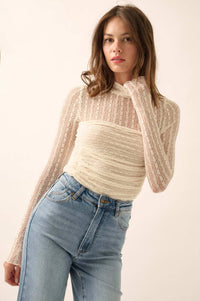 Belle Amour Ruched Striped Lace Mock-Neck Bodysuit - ShopPromesa