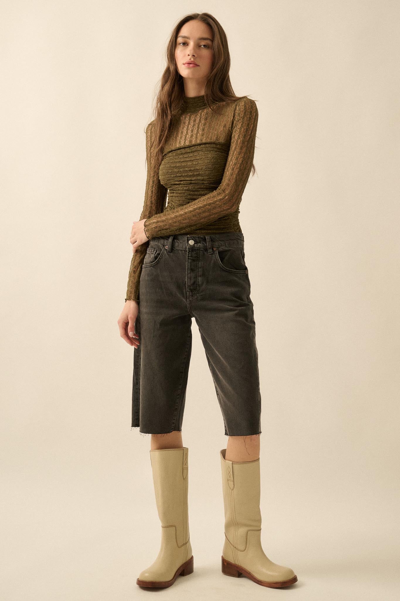 Belle Amour Ruched Striped Lace Mock-Neck Bodysuit