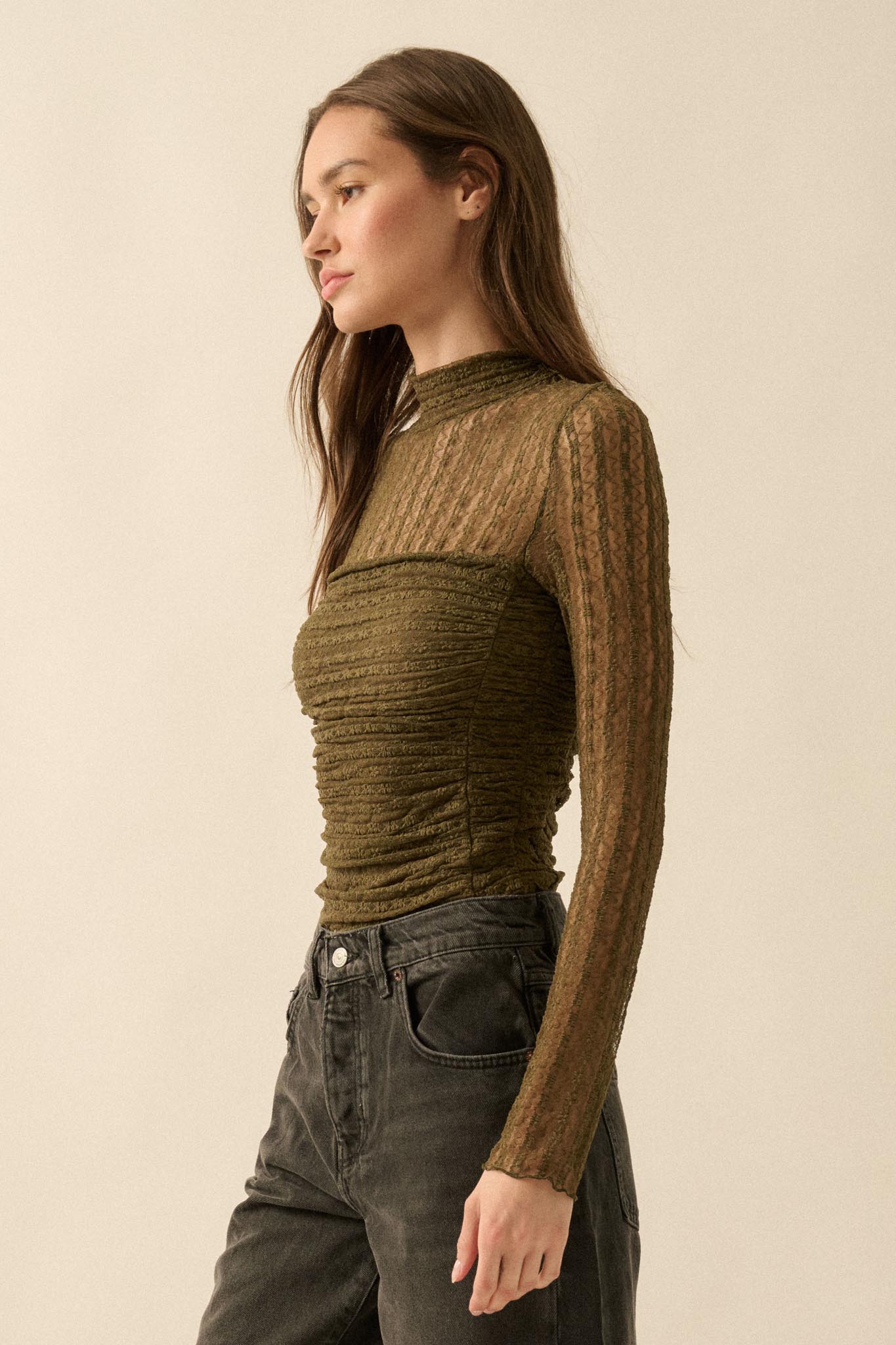 Belle Amour Ruched Striped Lace Mock-Neck Bodysuit