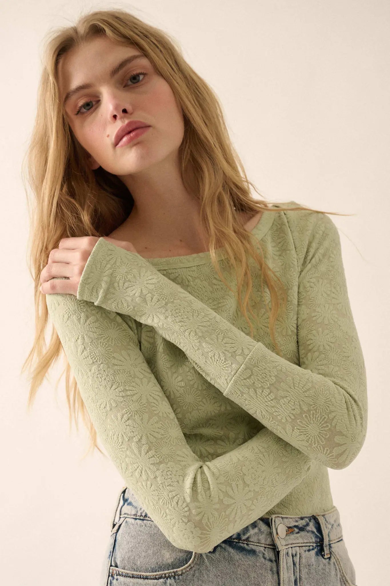 Petal Power Floral Jacquard Thumbhole Bodysuit - ShopPromesa