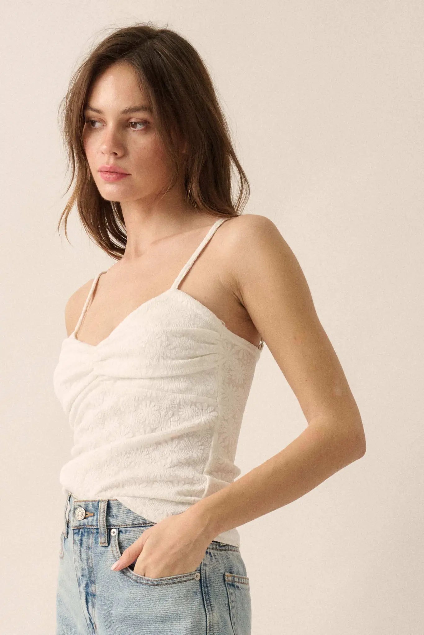 Pure Petals Floral Jacquard Ruched Cami Top - ShopPromesa