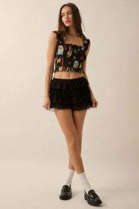 Ciao Bella Printed Mesh Smocked Cropped Tank Top - ShopPromesa