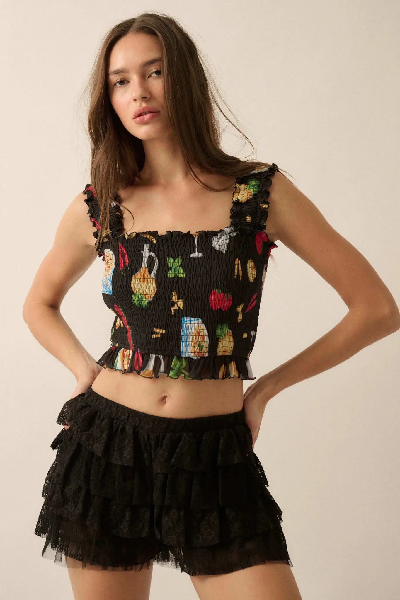 Ciao Bella Printed Mesh Smocked Cropped Tank Top - ShopPromesa