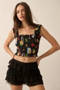 Ciao Bella Printed Mesh Smocked Cropped Tank Top - ShopPromesa