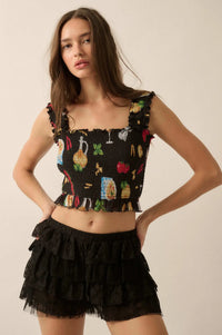 Ciao Bella Printed Mesh Smocked Cropped Tank Top - ShopPromesa