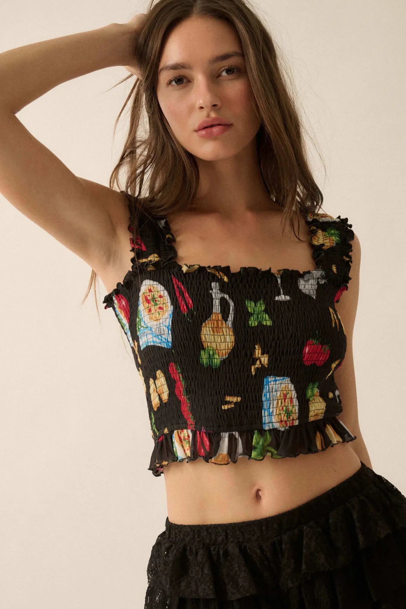 Ciao Bella Printed Mesh Smocked Cropped Tank Top - ShopPromesa