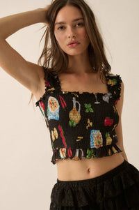 Ciao Bella Printed Mesh Smocked Cropped Tank Top - ShopPromesa