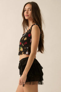 Ciao Bella Printed Mesh Smocked Cropped Tank Top - ShopPromesa