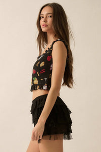 Ciao Bella Printed Mesh Smocked Cropped Tank Top - ShopPromesa