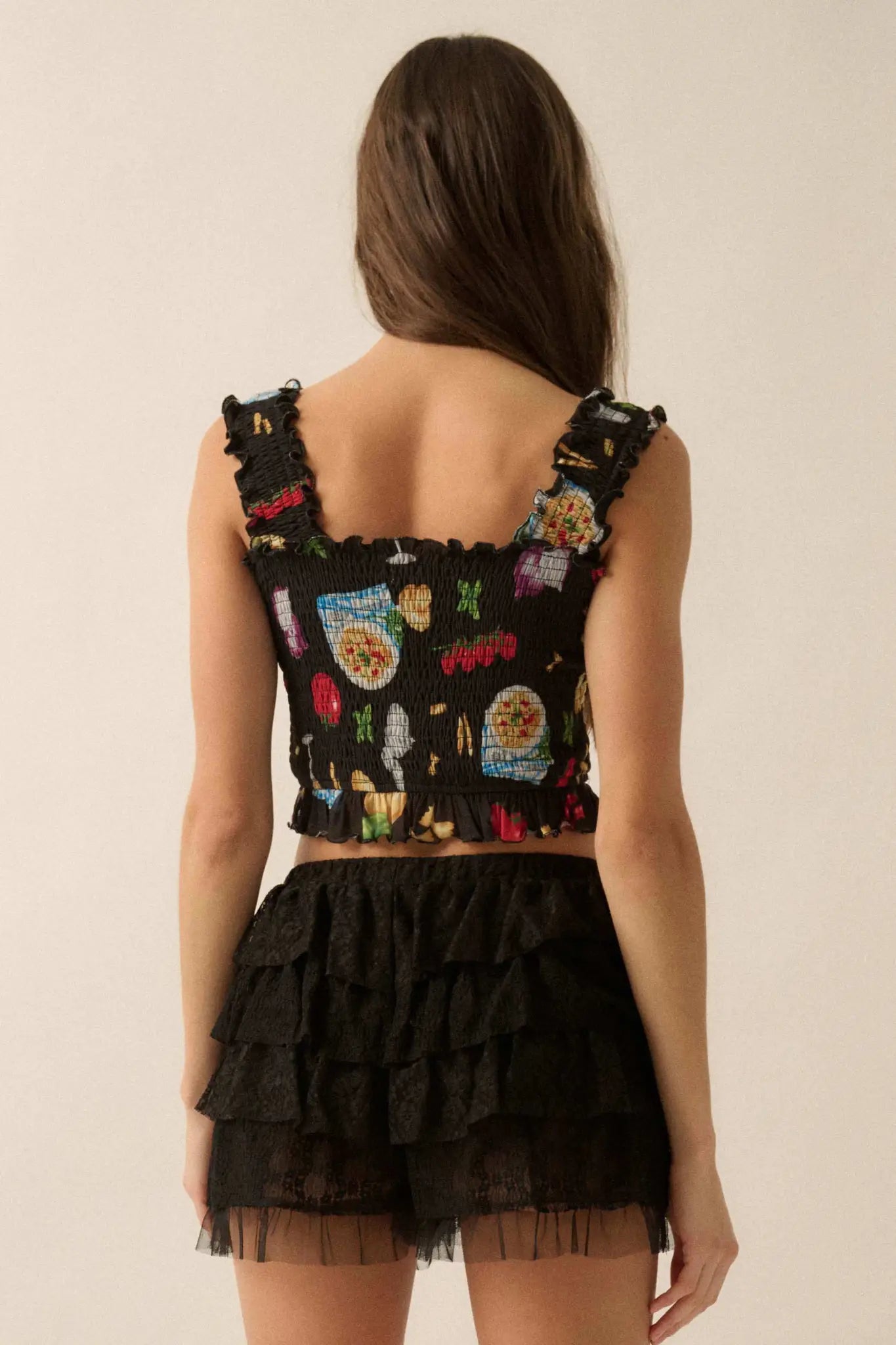 Ciao Bella Printed Mesh Smocked Cropped Tank Top - ShopPromesa