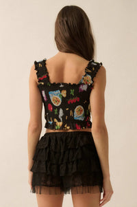 Ciao Bella Printed Mesh Smocked Cropped Tank Top - ShopPromesa