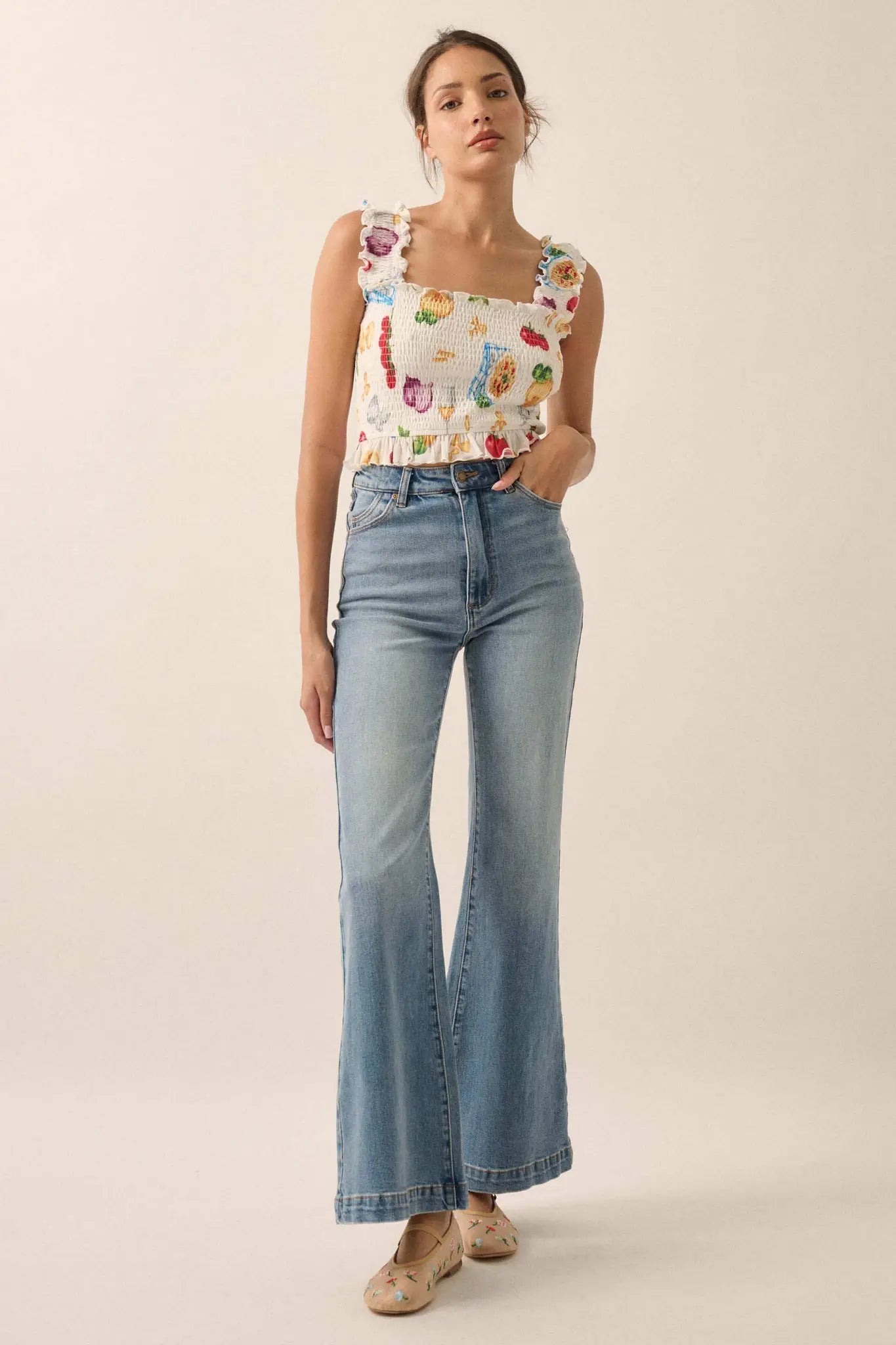 Ciao Bella Printed Mesh Smocked Cropped Tank Top - ShopPromesa