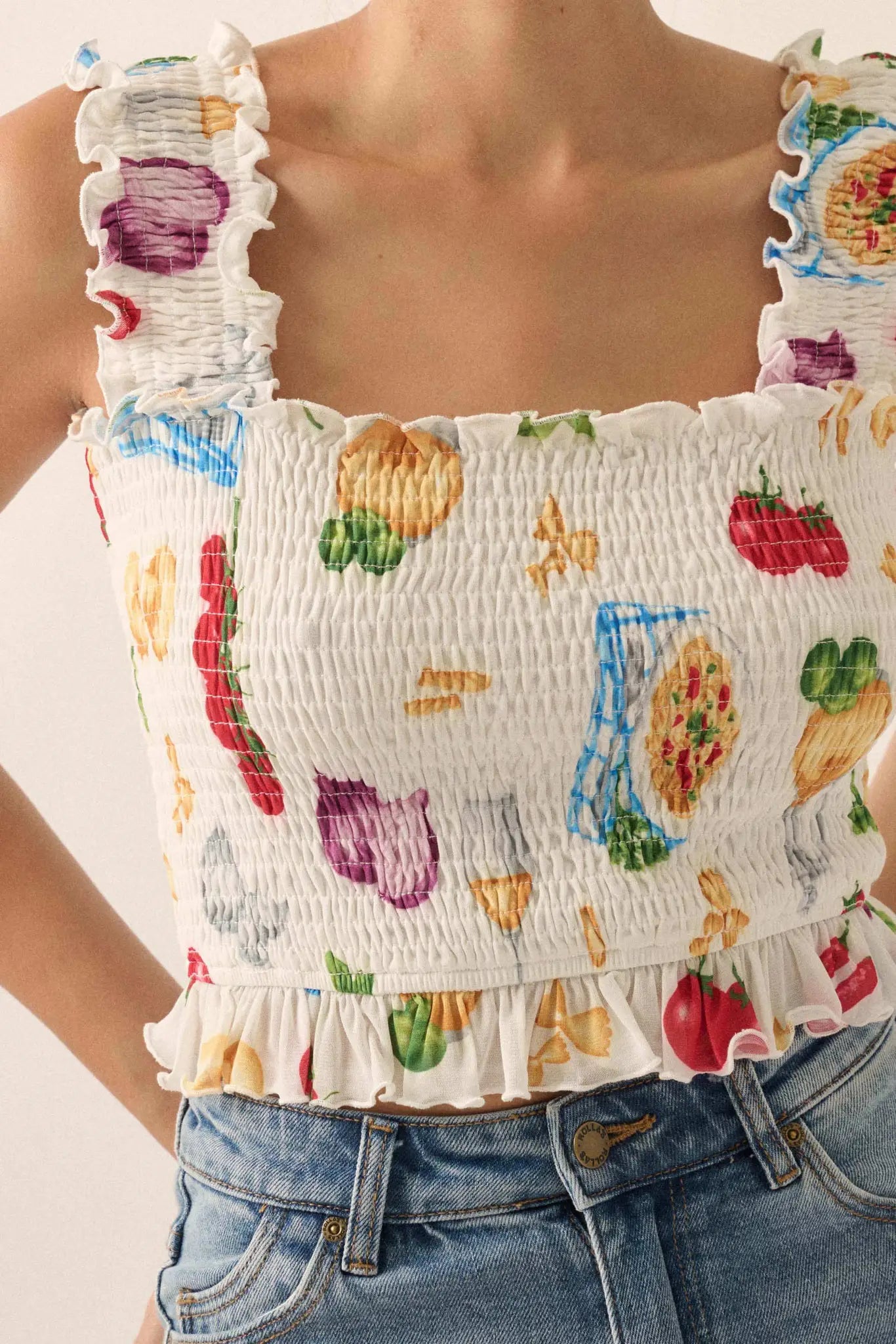 Ciao Bella Printed Mesh Smocked Cropped Tank Top - ShopPromesa