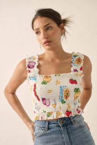 Ciao Bella Printed Mesh Smocked Cropped Tank Top - ShopPromesa