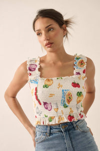 Ciao Bella Printed Mesh Smocked Cropped Tank Top - ShopPromesa