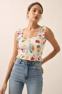 Ciao Bella Printed Mesh Smocked Cropped Tank Top - ShopPromesa