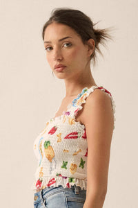 Ciao Bella Printed Mesh Smocked Cropped Tank Top - ShopPromesa