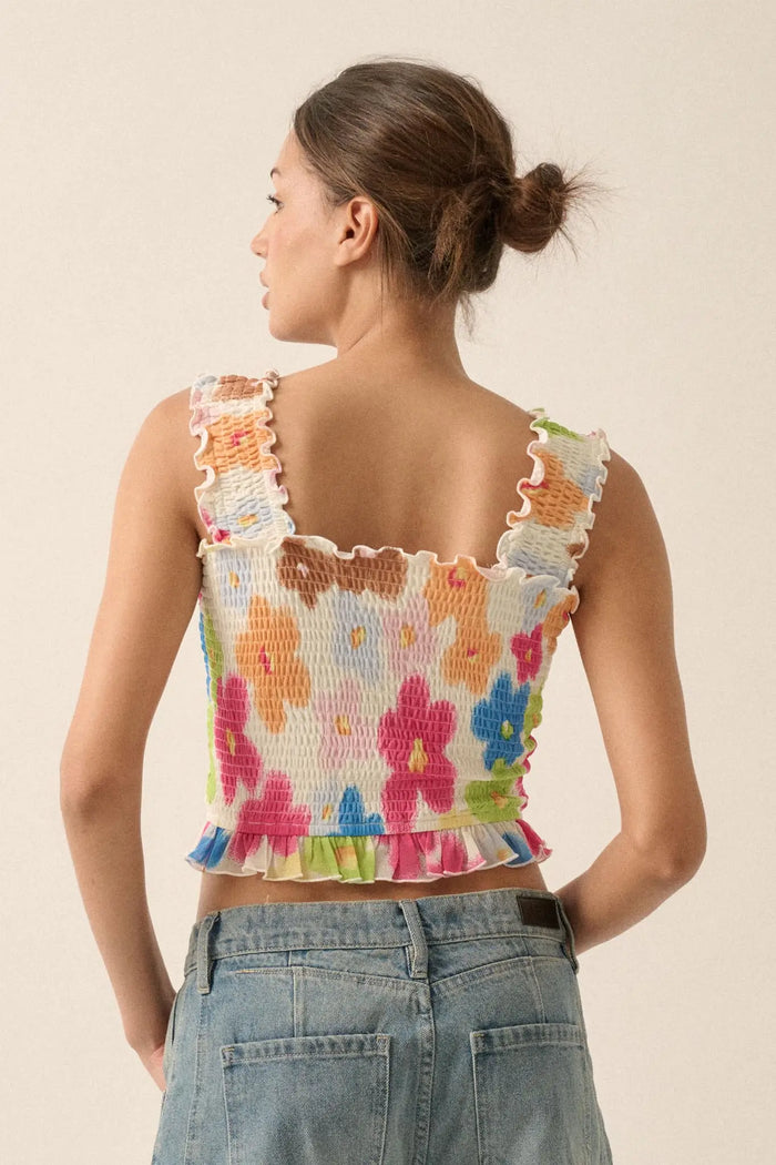 Funky Flowers Smocked Floral Mesh Ruffle Tank Top - ShopPromesa