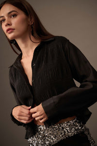 Pucker Up Pleated Button-Up Cropped Shirt - ShopPromesa