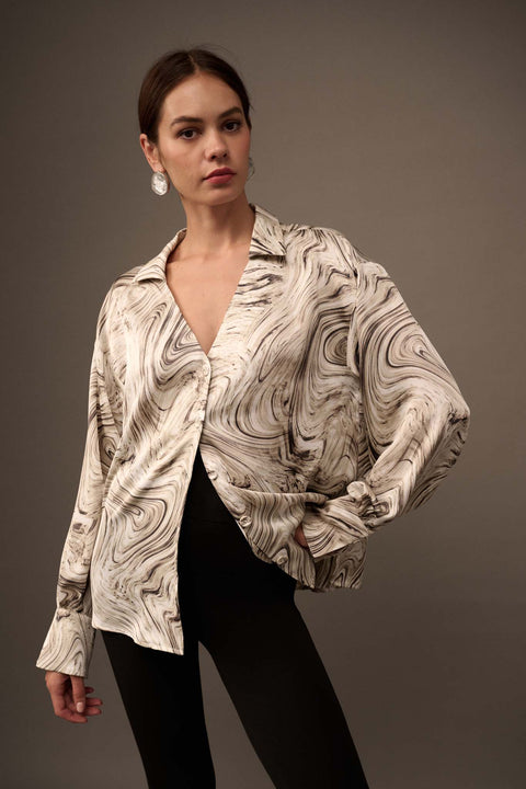 Let It Flow Marble-Print Satin French Cuff Shirt - ShopPromesa