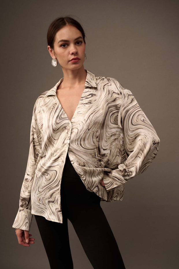 Let It Flow Marble-Print Satin French Cuff Shirt