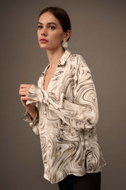 Let It Flow Marble-Print Satin French Cuff Shirt