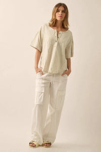 Easy Fit Vintage-Wash Exposed-Seam Henley Tee - ShopPromesa