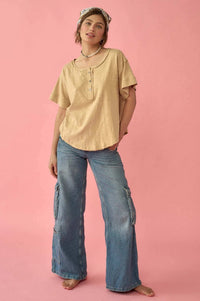 Easy Fit Vintage-Wash Exposed-Seam Henley Tee - ShopPromesa