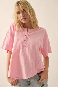 Easy Fit Vintage-Wash Exposed-Seam Henley Tee - ShopPromesa